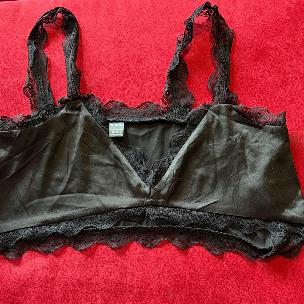 SHEIN Black Satin and Lace Bralette with Scalloped Trim